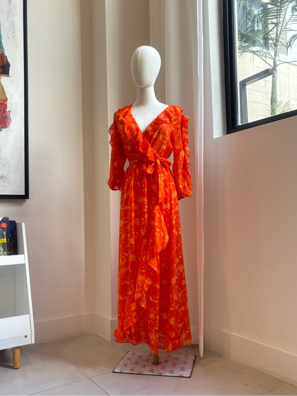 Floral Orange Wrap Maxi Dress with Tie Waist